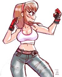 arms_up belt breasts brown_hair cleavage dead_or_alive denim gloves hairband highres hitomi_(doa) jaliet_exe jeans large_breasts midriff navel pants red_gloves red_hairband tank_top white_tank_top