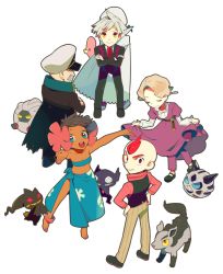 Rule 34 | 00s, 2girls, 4boys, alternate costume, anklet, back-to-back, bad anatomy, bad id, bad pixiv id, banette, barefoot, black hair, blonde hair, blue eyes, blue hair, cape, chibi, closed eyes, coat, crossed arms, curtsey, dark skin, drake (pokemon), dress, elite four, everyone, facial hair, flower, gen 3 pokemon, glacia (pokemon), glalie, grey hair, hair flower, hair ornament, hands on own hips, hat, highres, jewelry, looking back, luvdisc, mightyena, multiple boys, multiple girls, mustache, nintendo, pants, phoebe (pokemon), pokemon, pokemon (creature), pokemon rse, red eyes, red hair, sableye, sarong, shelgon, short hair, sidney (pokemon), skirt hold, smile, steven stone, strapless, tube top, ucchii, wallace (pokemon), yellow eyes