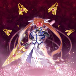 Rule 34 | 00s, 1girl, brown hair, burn mark, casing ejection, female focus, fin funnels, fingerless gloves, gloves, glowing, glowing eyes, hair ribbon, injury, jacket, lyrical nanoha, magazine (weapon), magic, magic circle, magical girl, mahou shoujo lyrical nanoha strikers, narutaki shin, open clothes, open jacket, panties, raising heart, raising heart (blaster bit), raising heart (exceed mode), red hair, ribbon, shell casing, solo, takamachi nanoha, takamachi nanoha (exceed mode), torn clothes, twintails, underwear, white devil