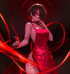 Rule 34 | 1girl, apron, black nails, black sclera, breasts, cleavage, collar, colored sclera, evil grin, evil smile, fif 228, grin, hair over one eye, highres, looking at viewer, medium breasts, naked apron, original, red eyes, red hair, red theme, short hair, smile, solo, spiked collar, spikes, tattoo, teeth, yandere