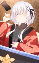 Rule 34 | 1boy, absurdres, alternate costume, amamiya ayumu (vtuber), black ribbon, black shirt, blush, breasts, cellphone, closed eyes, commentary request, food, fruit, hair between eyes, hair ornament, hair ribbon, hairclip, highres, indie virtual youtuber, japanese clothes, kimono, kotatsu, lying, male focus, medium breasts, on back, orange (fruit), parted lips, phone, polka dot, polka dot kimono, red kimono, ribbon, sankakkee, shirt, short hair with long locks, sleeping, smartphone, solo, table, trap, turtleneck, turtleneck shirt, under kotatsu, under table, virtual youtuber, white hair, wooden floor