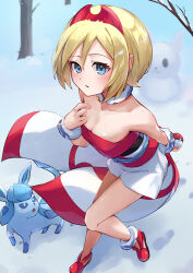 1girl :o bare_shoulders blonde_hair blue_eyes blush breasts cleavage collarbone commentary_request creatures_(company) game_freak gen_4_pokemon glaceon hair_between_eyes highres holding holding_poke_ball irida_(pokemon) looking_at_viewer medium_breasts nintendo poke_ball poke_ball_(basic) pokemon pokemon_(creature) pokemon_legends:_arceus red_shirt red_shoes sakahana shirt shoes short_hair shorts snow strapless strapless_shirt tree white_shorts