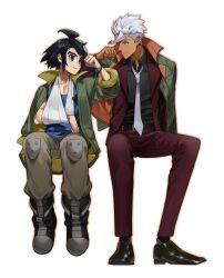 2boys absurdres ahoge arm_sling banno_(160x2m) belt black_belt black_footwear black_hair black_shirt black_socks blue_eyes blue_shirt bracelet brown_pants closed_mouth collared_shirt commentary_request dark-skinned_male dark_skin formal_clothes green_jacket gundam gundam_tekketsu_no_orphans hand_up high_collar highres invisible_chair jacket jacket_on_shoulders jewelry knee_pads korean_commentary long_sleeves looking_at_another loose_necktie male_focus mikazuki_augus multiple_boys necktie open_clothes open_jacket orga_itsuka pants red_jacket red_pants shirt shirt_tucked_in short_hair simple_background sitting three-quarter_sleeves smile socks suit suit_jacket untucked_shirt white_background white_hair white_necktie yellow_eyes