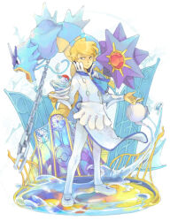 1boy apron ascot blonde_hair blue_ascot blue_eyes chain closed_mouth cup full_body gen_1_pokemon gyarados holding holding_plate holding_teapot long_sleeves looking_at_viewer male_focus nintendo pants plate poke_ball poke_ball_(basic) pokemon pokemon_(creature) pokemon_xy pouring shirt siebold_(pokemon) starmie teacup teapot ubameno waist_apron water white_apron white_background white_pants white_shirt