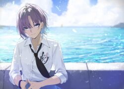 1girl asakura_toru black_necktie blue_eyes blue_hair blue_nails breast_pocket breasts brown_hair collared_shirt dress_shirt earrings goshiki_suzu gradient_hair highres idolmaster idolmaster_cinderella_girls jewelry light_smile looking_to_the_side loose_necktie multicolored_hair nail_polish necktie object_in_pocket own_hands_together pen_in_pocket pocket school_uniform shirt short_hair sleeves_pushed_up small_breasts solo upper_body water white_shirt