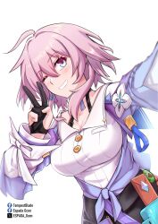1girl acorn ahoge archery_shooting_glove badge black_choker black_corset black_gloves blue_eyes blue_jacket blush breasts button_badge buttons camera choker cleavage commentary corset dress_shirt earrings english_commentary espada_gcon facebook_logo facebook_username flower_ornament gloves highres honkai:_star_rail honkai_(series) jacket jewelry large_breasts long_sleeves march_7th_(honkai:_star_rail) march_7th_(preservation)_(honkai:_star_rail) medium_breasts medium_hair multicolored_eyes partially_fingerless_gloves pink_eyes pink_hair selfie shirt simple_background single_earring single_glove smile solo tied_jacket twitter_logo twitter_username two-tone_eyes underbust v white_background white_shirt