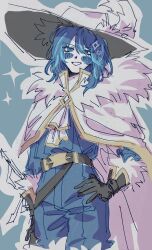 1boy :d absurdres belt black_gloves blue_eyes blue_hair blue_pants blue_shirt boots camille_(project_moon) cape cavalier_hat cinq_association_west_uniform cowboy_shot feathers fur-trimmed_boots fur_collar fur_trim gloves gold_trim grin hand_on_own_hip hat highres k1ui1 limbus_company looking_at_viewer male_focus medium_hair open_mouth outline pants project_moon shirt sketch smile solo sparkle wavy_hair white_cape white_outline
