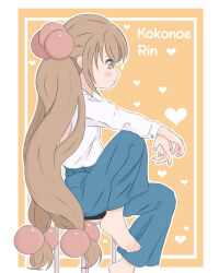 1girl arm_rest barefoot blue_pants blush_stickers brown_background brown_eyes brown_hair character_name commentary from_side hair_bobbles hair_ornament heart heart_background highres kodomo_no_jikan kokonoe_rin long_hair low-tied_long_hair nico_kobayashi pants shirt sitting smile solo stool twintails very_long_hair white_shirt