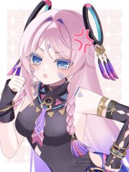 Rule 34 | 1girl, anger vein, armlet, black arm warmers, black leotard, blue eyes, braid, breasts, citlali (genshin impact), facial mark, floating headgear, forehead mark, genshin impact, hair intakes, headgear, highres, jewelry, kino (curry pan), leotard, long hair, medium breasts, open mouth, parted bangs, pink hair, pink pupils, ring hair ornament, side braid, solo, triangle, triangle facial mark, twin braids, upper body
