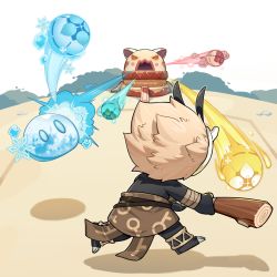 beach black_skin chibi colored_skin dodoco_(genshin_impact) genshin_impact highres hilichurl_(genshin_impact) mask official_art outdoors slime_(creature) slime_(genshin_impact) tribal