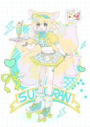 1girl :d absurdres animal_ear_fluff animal_ears arknights blonde_hair braid character_name commentary_request fox_ears fox_girl fox_tail full_body green_eyes heart highres holding holding_plate kawaiiyagi kitsune kyuubi loose_socks midriff miniskirt multiple_tails navel open_mouth plate puffy_short_sleeves puffy_sleeves roller_skates short_hair short_sleeves skates sketch skirt smile socks solo suzuran_(arknights) tail twin_braids visor_cap