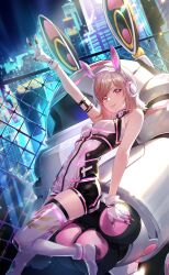 Rule 34 | 1girl, animal ear headphones, animal ears, arm up, armlet, artist request, bare shoulders, black leotard, blonde hair, boots, breasts, chain-link fence, city, dutch angle, eyelashes, fake animal ears, fence, foot out of frame, game cg, gloves, happy, headphones, heattech leotard, highres, jewelry, leaning back, leg up, leotard, light particles, light rays, looking at viewer, medium hair, multicolored leotard, netga (shining nikki), night, nikki (series), official art, open mouth, outdoors, outstretched arm, pink eyes, rabbit ear headphones, robot, science, shining nikki, small breasts, smile, solo, speedy rabbit (shining nikki), swept bangs, teeth, thighhighs, turtleneck, two-tone leotard, upper teeth only, white boots, white gloves, white leotard, white thighhighs