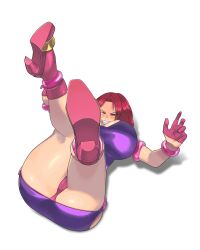 1girl absurdres armband armlet artist_name ass bare_legs bare_shoulders belt belt_buckle blue_eyes bob_cut boots bracelet breasts buckle cameltoe choker cleavage closed_eyes denjin_makai_2 dress female_focus gimmerung gloves gold_choker gold_trim guardians_(denjin_makai_2) half_gloves high_heel_boots high_heels highres holding holding_weapon holding_whip huge_breasts jewelry legs_up light_blush lipstick lying makeup mature_female mole on_back pain panties parted_bangs pink_belt pink_boots pink_gloves pink_panties purple_dress purple_eyes purple_hair purple_lips red_hair red_panties revealing_clothes shadow short_hair side_slit signature smile solo thick_thighs thighs underwear v-shaped_eyebrows weapon
