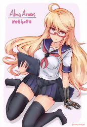 1girl absurdres ahoge alma_armas alternate_costume black_skirt blonde_hair breasts character_name commentary_request computer copyright_name crossover dark-skinned_female dark_skin female_focus full_body girls&#039;_frontline glasses bad_tag bad_tag highres laptop long_hair looking_at_viewer mechanical_hands medium_breasts pleated_skirt prosthesis prosthetic_hand purple_eyes rasen_manga red-framed_eyewear school_uniform semi-rimless_eyewear serafuku shirt single_mechanical_hand sitting skirt solo taut_clothes taut_shirt thighhighs twitter_username under-rim_eyewear va-11_hall-a very_long_hair wariza zettai_ryouiki