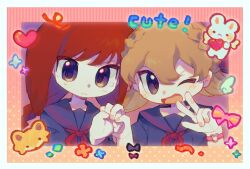 2girls :d blue_sailor_collar blue_serafuku blue_shirt braid brown_eyes brown_hair fata_morgana_no_yakata frown holding_hands long_hair looking_at_viewer morgana_(fata_morgana_no_yakata) multiple_girls neckerchief nellie_rhodes one_eye_closed open_mouth purikura red_hair red_neckerchief sailor_collar school_uniform serafuku shirt smile sweatdrop twin_braids w yuer6350