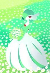 Rule 34 | bob cut, colored skin, dress, field, flower, flower field, gardevoir, gen 3 pokemon, green hair, green skin, hair over one eye, highres, multicolored skin, nintendo, pokemon, pokemon (creature), rabbitfolly, red eyes, signature, smile, two-tone skin, white dress, white flower, white skin
