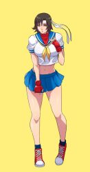1girl black_socks blue_serafuku blue_skirt breasts brown_eyes brown_hair cirenk commission cosplay fingerless_gloves full_body gloves kasugano_sakura kasugano_sakura_(cosplay) kazama_asuka large_breasts looking_at_viewer midriff navel neckerchief pleated_skirt red_gloves school_uniform second-party_source serafuku shirt shoes short_hair short_sleeves simple_background skirt sneakers socks solo street_fighter tekken white_shirt yellow_background yellow_neckerchief
