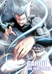 Rule 34 | 1boy, absurdres, black shirt, character name, commentary, fish.boy, garou (one-punch man), highres, long sleeves, male focus, one-punch man, open mouth, pointy hair, shirt, short hair, smile, solo, spiked hair, teeth, yellow eyes