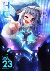 1girl ;d absurdres adarin animal_costume animal_hood arms_up blue_eyes blue_hair blue_hoodie blunt_bangs bright_pupils character_name closed_eyes commentary_request crowd fins fish_tail gawr_gura gawr_gura_(1st_costume) glowstick grey_hair highres holding holding_glowstick hololive hololive_english hood hoodie jumping long_sleeves looking_at_viewer medium_hair multicolored_hair no_pants one_eye_closed open_mouth outstretched_arms penlight_(glowstick) pointing pointing_at_viewer shark_costume shark_girl shark_hood shark_tail sharp_teeth sleeves_past_wrists smile streaked_hair tail teeth thai_commentary upper_teeth_only virtual_youtuber white_pupils white_sneakers wide_sleeves