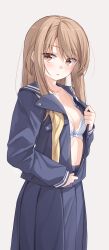 1girl absurdres blue_sailor_collar blue_serafuku blue_shirt blue_skirt blush bra breasts brown_eyes brown_hair collarbone commentary_request frilled_bra frills highres ina_(inadahime) long_hair long_skirt looking_at_viewer medium_breasts neckerchief open_clothes open_shirt original parted_lips partially_unbuttoned pleated_skirt sailor_collar school_uniform serafuku shirt simple_background skirt sweatdrop underwear undone_neckerchief undressing white_background white_bra yellow_neckerchief