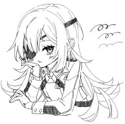 1girl blush dress eyepatch flat_chest gloves goddess_of_victory:_nikke greyscale guillotine_(nikke) half_gloves long_hair looking_at_viewer military_uniform monochrome pout sketch solo squiggle tu_pa_pa_pa