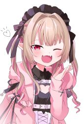 1girl ;o absurdres black_dress black_headdress black_ribbon blunt_bangs blush chest_harness cleavage_cutout clothing_cutout collared_dress colored_inner_hair dress drill_hair fangs flat_chest frilled_jacket frilled_shirt_collar frills grey_hair hair_intakes harness heart_cutout highres hood hood_down hooded_jacket jacket long_hair looking_at_viewer maid maid_headdress makaino_ririmu makaino_ririmu_(5th_costume) mimikkyu_(mimikyunosub) multicolored_hair nijisanji one_eye_closed open_clothes open_jacket open_mouth pink_hair pink_jacket pointy_ears red_eyes ribbon sidelocks simple_background skin_fangs smile solo streaked_hair two_side_up upper_body virtual_youtuber white_background