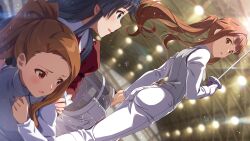 Rule 34 | 3girls, blue eyes, brown hair, card (medium), dutch angle, fencing, idolmaster, idolmaster million live!, idolmaster million live! theater days, lights, looking at another, minase iori, mogami shizuka, multiple girls, official art, ponytail, st. million girls&#039; academy, tanaka kotoha
