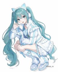 1girl animal_ear_headphones animal_ears blush boots cat_ear_headphones claw_pose commentary_request fake_animal_ears fang frilled_shorts frills full_body green_eyes green_hair hand_up hatsune_miku headphones highres jacket kaya_(i0pip_su) knee_boots long_hair long_sleeves looking_at_viewer open_clothes open_jacket open_mouth shorts simple_background solo squatting twintails twitter_username very_long_hair vocaloid white_background white_boots white_jacket white_shorts