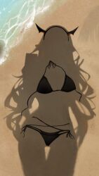 1girl beach bikini black_bikini cellphone cloud_etoile dressed_shadow_(meme) fake_horns highres holding holding_phone hololive hololive_english horn_hairband horns implied_nudity irys_(hololive) meme ocean phone sand side-tie_bikini_bottom smartphone solo swimsuit v virtual_youtuber water