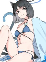 1girl absurdres animal_ears bakeneko bikini black_tail blue_archive blue_bikini blue_halo blue_haori blue_tail breasts cat_ears cat_girl cat_tail colored_inner_animal_ears criss-cross_straps gradient_tail haimura_kiyotaka halo haori highres japanese_clothes kikyou_(blue_archive) kikyou_(swimsuit)_(blue_archive) layered_bikini looking_at_viewer multiple_tails navel simple_background skindentation smile solo stomach swimsuit tail two_tails underboob white_background