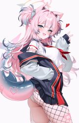 1girl :d animal_ear_fluff animal_ears ass bandaid black_skirt blush breasts cat_ears commentary_request crop_top crop_top_overhang fang fins fish_hair_ornament fish_tail fishnet_pantyhose fishnets fymrie garter_straps gradient_hair hair_ornament heart heart-shaped_bandaid high-waist_skirt highres jacket long_hair long_sleeves looking_at_viewer midriff miniskirt multicolored_hair neckerchief open_mouth original panties pantyhose pink_hair pleated_skirt red_neckerchief sailor_collar shark_tail shirt single_garter_strap skin_fang skirt smile solo tail thighhighs thighs underwear white_garter_straps