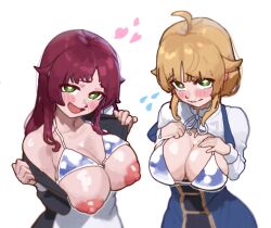 ahoge aisha_greyrat alternate_breast_size blonde_hair blue_bra blue_dress blush blush_stickers bra breasts cleavage closed_mouth dress ear_blush eyebrows_hidden_by_hair flying_sweatdrops green_eyes large_breasts looking_at_viewer maid medium_hair mushoku_tensei nipples norn_greyrat red_hair shirt short_hair siblings simple_background sisters smile underwear undressing white_background white_shirt ysan5