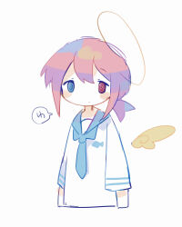 1boy @_@ angel animal_print blue_eyes blue_necktie blush detached_wings disembodied_wing fish_print frown heterochromia highres hole long_sleeves male_focus necktie one_wing original pink_hair ponytail raito-kun_(uenomigi) red_eyes sailor_collar shirt short_hair short_ponytail simple_background single_wing solo speech_bubble trap uenomigi upper_body white_background white_shirt wing wings
