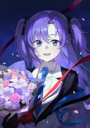 1girl :d absurdres black_gloves black_jacket blue_archive blue_eyes blue_necktie bouquet coat collared_shirt commentary_request dress_shirt flower gloves hair_ornament hand_up highres holding holding_bouquet jacket long_hair looking_at_viewer necktie off_shoulder open_mouth parted_bangs pink_flower purple_background purple_flower purple_hair shirt smile solo two_side_up upper_body white_coat white_flower white_shirt yuuka_(blue_archive) zhanzheng_zi