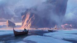 1boy black_hair boat cloud cloudy_sky coat commentary cowboy_shot english_commentary eytan_zana fog glacier highres holding holding_oar ice long_sleeves oar ocean original pants realistic rowboat rowing sailboat scenery short_hair signature sky solo sunset watercraft white_coat white_pants wide_shot