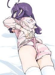 1girl absurdres adjusting_clothes adjusting_shorts ahoge ass bad_id bad_twitter_id blurry depth_of_field dorontabi gakuen_idolmaster highres hood hoodie idolmaster kaya_rinha long_hair looking_at_viewer looking_back loungewear panties panty_peek purple_hair shorts solo thighhighs twintails underwear white_panties