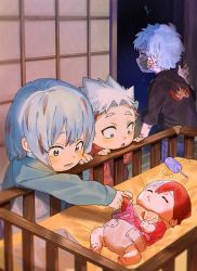 Rule 34 | 1girl, 3boys, aged down, awestruck, baby, bandage on face, bandages, boku no hero academia, brother and sister, brothers, character print, cradle, endeavor (boku no hero academia), family, frown, holding finger, long sleeves, looking at another, looking back, male focus, medium hair, mm39572, multicolored hair, multiple boys, rattle, red hair, short hair, shouji, siblings, sliding doors, smile, streaked hair, todoroki fuyumi, todoroki natsuo, todoroki shouto, todoroki touya, two-tone hair, white hair