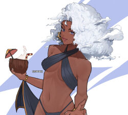 1girl absurdres alternate_costume artist_name bikini black_bikini blue_eyes breasts coconut_cup criss-cross_halter cup dark-skinned_female dark_skin drinking_straw earrings halterneck highres holding holding_cup jewelry looking_at_viewer marvel marvel_rivals navel small_breasts solo storm_(x-men) swimsuit very_dark_skin white_hair wokiiarts