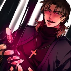 1boy bad_id bad_pixiv_id brown_eyes brown_hair cassock cheekbones coat dutch_angle eyebrows fate/stay_night fate_(series) forked_eyebrows kotomine_kirei male_focus mud mullet parted_bangs solo zihad