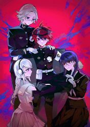 2boys 2girls ahoge aotsuki_eito black_gloves blue_background blue_eyes blue_hair braid braided_ponytail closed_mouth crossed_legs earrings glasses gloves highres jewelry kirifuji_nozomi kneeling last_defense_academy_school_uniform long_hair looking_at_viewer messy_hair multicolored_eyes multicolored_hair multiple_boys multiple_girls parted_hair pleated_skirt purple_hair red_background red_eyes red_hair shizuhara_hiruko sitting skirt smile standing sumino_takumi the_hundred_line_-last_defense_academy- white_gloves white_hair