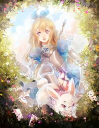 1girl ace_(playing_card) ace_of_hearts alice_(alice_in_wonderland) alice_in_wonderland animal ariuemi armor blonde_hair blue_bow blue_dress blue_eyes blue_ribbon blue_sleeves bow bracer breastplate bush card clothed_animal cloud commentary day dress english_commentary expressionless eyelashes frilled_dress frilled_vest frills full_body glasses hair_between_eyes hair_bow heart highres light_particles long_hair looking_ahead medium_dress neck_ribbon on_one_knee opaque_glasses outdoors parted_lips pink_lips playing_card pleated_dress poleyn puffy_short_sleeves puffy_sleeves purple_vest queen_(playing_card) queen_of_hearts_(playing_card) rabbit ribbon round_eyewear short_sleeves smoke striped_clothes striped_vest sword sword_on_back teeth thick_lips vertical-striped_clothes vertical-striped_vest vest wavy_hair weapon weapon_on_back white_rabbit_(alice_in_wonderland) white_rabbit_(animal)