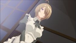 ahoge anime_screenshot breasts brown_hair hair_over_one_eye highres kaifuku_jutsushi_no_yarinaoshi_~sokushi_mahou_to_skill_copy_no_chouetsu_heal~ large_breasts maid maid_(kaiyari) non_porn smile tagme
