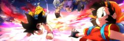 1girl 2boys backpack bag black_eyes black_gloves black_hair brown_gloves capri_pants dougi dragon_ball dragon_ball_gt fingerless_gloves flying giru_(dragon_ball) gloves jacket joints looking_at_another medium_hair multiple_boys open_clothes open_jacket open_mouth outdoors pan_(dragon_ball) pants purple_hair red_shirt robot robot_joints rom_(20) shirt short_sleeves sky smile son_goku spiked_hair sunlight sunset teeth trunks_(dragon_ball) two-tone_shirt yellow_shirt