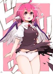 1girl ahoge azumaya_toushirou bad_id bad_pixiv_id blush border breasts commentary_request cowboy_shot dress feathered_wings female_focus groin hair_between_eyes head_wings highres looking_at_viewer medium_breasts mystia_lorelei no_headwear open_mouth outside_border panties pink_background pink_eyes pink_hair poop puffy_short_sleeves puffy_sleeves purple_dress shirt short_hair short_sleeves simple_background sketch smile solo speech_bubble standing thighs torn_clothes torn_dress touhou translation_request underwear white_border white_panties white_shirt wings