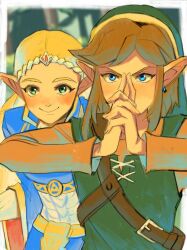 Rule 34 | 1boy, 1girl, blonde hair, blue eyes, blue shirt, blurry, blurry background, blush, border, closed mouth, earrings, furrowed brow, green eyes, green hat, green tunic, grey shirt, hat, highres, jewelry, link, long hair, long sleeves, nintendo, own hands clasped, own hands together, parted bangs, pointy ears, princess zelda, rv (gvdn7245), shirt, sidelocks, smile, the legend of zelda, tunic, upper body, white border, wide sleeves
