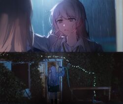 2girls bang_dream! bang_dream!_it&#039;s_mygo!!!!! brown_hair carried_away chihaya_anon chinese_commentary collared_shirt commentary_request green_necktie grey_eyes grey_jacket haneoka_school_uniform highres holding holding_hose hose jacket long_hair multiple_girls muonrei00 nagasaki_soyo necktie outdoors parody parted_lips pink_hair school_uniform shirt water wet wet_clothes wet_hair white_shirt