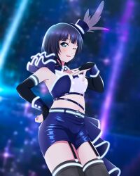 1girl ;d absurdres asaka_karin bandeau black_bridal_gauntlets black_thighhighs blue_bandeau blue_eyes blue_hair blue_shorts blunt_bangs blurry blurry_background breasts bridal_gauntlets collarbone commentary cowboy_shot detached_collar fishnet_thighhighs fishnets garter_straps hand_on_own_hip highres kujo_awenn large_breasts looking_at_viewer love_live! love_live!_nijigasaki_high_school_idol_club medium_hair midriff navel official_alternate_costume one_eye_closed open_mouth parted_lips shorts smile solo standing thighhighs vivid_world_(love_live!)