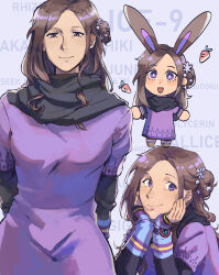 1girl absurdres animal_ear_headwear animal_ears arms_behind_back black_scarf dress fake_animal_ears flower full_body hair_flower hair_ornament hands_on_own_chin highres kyokugen_dasshutsu kyokugen_dasshutsu:_9_jikan_9_nin_9_no_tobira looking_at_viewer multiple_views kurashiki_akane open_mouth peachducy purple_dress purple_eyes scarf smile upper_body