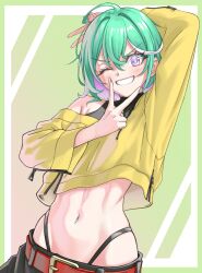 1girl arm_behind_head arm_up bare_shoulders belt crop_top crop_top_overhang green_background green_hair grin highleg long_sleeves looking_at_viewer midriff multicolored_hair navel off_shoulder one_eye_closed panty_straps purple_eyes shirt short_hair shuturmouth_64 smile solo stellive stomach streaked_hair two-tone_background upper_body v v-shaped_eyebrows virtual_youtuber yellow_shirt yuzuha_riko