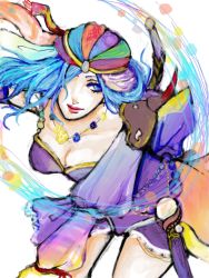 1980s_(style) 1girl bandana blue_eyes blue_hair breasts cleavage female_focus final_fantasy final_fantasy_ii hair_over_one_eye jewelry k_ta leila long_hair matching_hair/eyes necklace retro_artstyle retro_artstyle shoulder_pads solo white_background